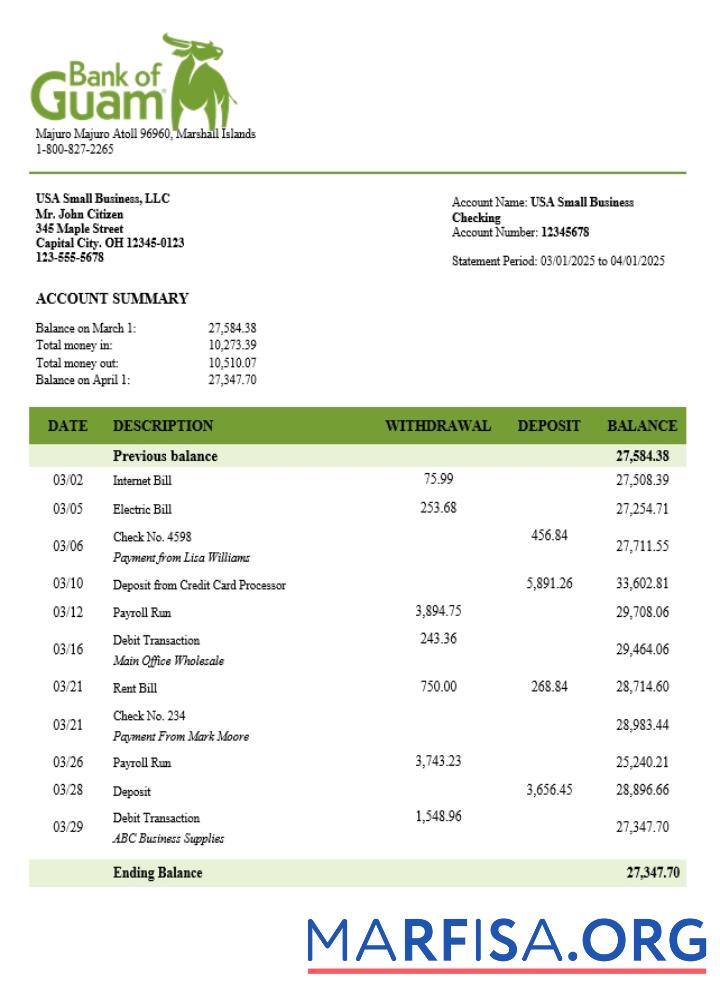 Printable Bank of Guamanian business account statement Word and PDF template (1)